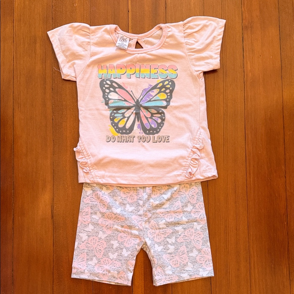 Girls Pink Butterfly Short Sleeve Pajama Set - Soft Cotton Top & Matching Shorts